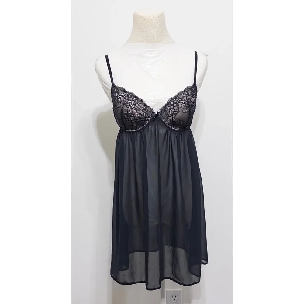 Black lace‎ women's babydoll lingerie sheer mesh coquette romantic feminine